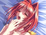  bangs bed_sheet blush bou bow breasts closed_eyes dutch_angle hair_bow hair_intakes hand_to_own_mouth hands implied_sex kagami_sumika long_hair lying medium_breasts moaning muvluv nude on_back on_bed open_mouth orgasm portrait red_hair solo 