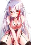  1girl antenna_hair azur_lane bangs between_legs black_legwear blush breasts brown_eyes china_dress chinese_clothes cleavage cleavage_cutout closed_mouth dress eyebrows_visible_through_hair garter_straps hair_between_eyes hand_between_legs highres large_breasts long_hair looking_at_viewer multicolored_hair prinz_eugen_(azur_lane) red_dress red_hair sidelocks silver_hair simple_background sitting skindentation smile solo streaked_hair thighhighs touwa_iyo two_side_up very_long_hair white_background 