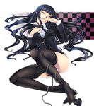  ass ban black_hair feet female_protagonist_(houkago_play) game_console houkago_play long_hair long_legs lying pantyhose pantyhose_pull playstation slit_pupils solo very_long_hair yellow_eyes 
