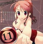  amazuyu_tatsuki ball billiards breasts calendar_(medium) choker cleavage copyright_request cue_ball cue_stick highres large_breasts lipstick long_hair makeup november pink_hair ponytail red_eyes red_skirt skirt smile solo 