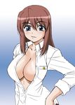  1girl bamboo_blade blue_eyes blush breasts brown_hair cleavage female gradient gradient_background kuwahara_sayako solo 