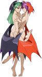  absurdres arm_grab asymmetrical_docking bangs barefoot bat_wings bengus blunt_bangs breast_press breasts demon_girl feet fingernails flat_chest foreshortening green_eyes green_hair hands head_wings highres incest large_breasts leg_lift lilith_aensland long_fingernails long_hair morrigan_aensland multiple_girls nude official_art profile purple_hair red_eyes short_hair siblings sideboob simple_background sisters smile soles standing standing_on_one_leg succubus tiptoes vampire_(game) wings yuri 