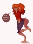  canid canine clothing female flannel jeans mammal omomouse omorashi pants solo speech_bubble were werecanid werecanine werewolf winnie_werewolf_(ghoul_school) 