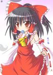  black_hair blush bow breasts condom condom_in_mouth detached_sleeves dress dress_lift frills hair_bow hakurei_reimu kamashi long_hair mouth_hold ponytail red_dress red_eyes ribbon sideboob small_breasts solo standing touhou 