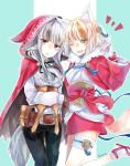  2girls animal_ears belt black_hair blonde_hair brown_gloves brown_hair cloak fingerless_gloves fire_emblem fire_emblem_if fox_ears fox_tail gloves grey_hair hair_ornament hood hood_up hooded_cloak japanese_clothes kinu_(fire_emblem_if) long_sleeves multicolored_hair multiple_girls nintendo open_mouth pants parted_lips pouch red_eyes short_hair simple_background streaked_hair tail twitter_username velour_(fire_emblem_if) white_gloves wolf_ears wolf_tail yellow_eyes yuyu_(spika) 