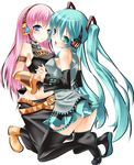  aqua_hair hatsune_miku long_hair megurine_luka multiple_girls nana_(artist) panties striped striped_panties thighhighs underwear very_long_hair vocaloid 