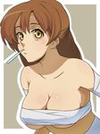  bandages blush breasts brown_eyes brown_hair cleavage code_geass digital_thermometer face large_breasts long_hair mouth_hold pu-chin sarashi shirley_fenette solo thermometer yellow_eyes 