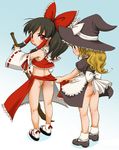  ass black_hair blonde_hair braid broom commentary_request detached_sleeves equal_(melomelopunch) hakurei_reimu hat highres kirisame_marisa kneepits multiple_girls no_panties red_eyes short_hair skirt skirt_lift touhou witch_hat 