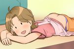  ahoge apron armpit_hair ass blush brown_hair butt_crack chi's_sweet_home downpants haruyama_kazunori lying mom_(chi's_sweet_home) o_o on_stomach panties pants_pull panty_pull side-tie_panties smile solo underwear 