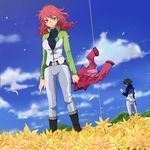  1girl belt black_hair boots celestial_being_uniform cloud curly_hair day feldt_grace flower green_eyes gundam gundam_00 jacket petals pink_hair plum_(arch) setsuna_f_seiei sky smile space_elevator unzipped 