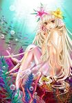 bare_shoulders blonde_hair coral fins fish flower head_fins long_hair lowres mermaid monster_girl solo underwater 