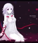  braid chemise christmas hair_ribbon highres illusionk izayoi_sakuya purple_eyes ribbon short_hair silver_hair solo touhou twin_braids 