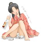  alcohol barefoot beer black_hair closed_eyes convenient_censoring copyright_request drunk feet ishida_masayuki japanese_clothes kimono ponytail smile solo toes 