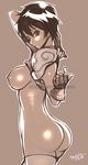  2008 ass berserk breasts casca corn_syrup dark_skin dated fingerless_gloves gloves large_breasts lips monochrome nipples sepia shiny shiny_skin short_hair shoulder_pads thighhighs tomboy watermark web_address 