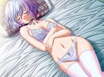  blush bra game_cg kiryuu_tsukiko lingerie lying panties purple_hair short_hair sleeping solo thighhighs underwear underwear_only yatohime_zankikou yokota_mamoru 