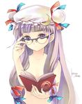  adjusting_eyewear bad_id bad_pixiv_id bespectacled book convenient_censoring crescent flat_chest glasses hands hat hexagram holding holding_book long_hair nude open_book patchouli_knowledge purple_eyes purple_hair reading solo szuinyo touhou upper_body very_long_hair 