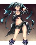  belt bikini_top black_hair black_rock_shooter black_rock_shooter_(character) blue_eyes lips long_hair midriff shorts solo tobimaru twintails 