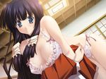  black_hair bow bow_panties bra breasts cleavage frilled_bra frills game_cg goma_satoshi large_breasts lingerie long_hair munakata_aoi oshiete_miko_sensei panties solo underwear 