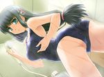  ass black_hair dutch_angle from_below game_cg green_eyes long_hair one-piece_swimsuit school_swimsuit shower_head showering solo suku_suku_mizugi swimsuit 