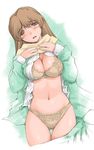  bra breasts brown_hair cleavage copyright_request ishida_masayuki large_breasts lingerie long_hair open_clothes open_shirt panties shirt solo underwear 