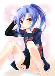  2009_world_baseball_classic alternate_hairstyle bad_id bad_pixiv_id bare_legs baseball_uniform blue_hair blush brown_eyes clothes_writing hand_behind_head idolmaster idolmaster_(classic) idolmaster_1 kisaragi_chihaya komone_ushio legs long_sleeves no_pants panties pantyshot ponytail sitting solo sportswear underwear world_baseball_classic 