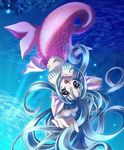  blue_eyes blue_hair fish head_fins long_hair mermaid monster_girl original pointing solo ta_kaana underwater 