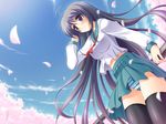  blue_eyes blush cherry_blossoms cloud copyright_request day dutch_angle hand_in_hair highres long_hair massan panties pantyshot petals purple_hair school_uniform sky smile solo striped striped_panties thighhighs underwear upskirt very_long_hair 
