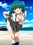  artist_request blue_eyes blurry blush breasts cleavage depth_of_field downblouse green_hair honjou_mikaze large_breasts leaning_forward meteor_sweepers_uniform reference_work shirt_pull skirt skirt_lift smile solo stratos_4 
