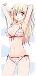  armpits arms_up bikini blonde_hair blue_eyes breasts cleavage copyright_request front-tie_top lips long_hair medium_breasts mirk navel plaid plaid_bikini side-tie_bikini smile solo swimsuit 