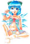  babydoll bad_id bad_pixiv_id blue_eyes blue_hair bow cirno feet flat_chest food hair_bow kidanieru lingerie marker_(medium) panties popsicle short_hair solo striped striped_panties thighhighs touhou traditional_media underwear wings wrist_cuffs 