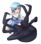  1girl artist_request blue_hair breasts cleavage dress insect_girl looking_at_viewer monster_girl pointy_ears pussy red_eyes simple_background solo spider spider_girl 