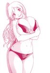  bikini breast_hold breasts bursting_breasts comic copyright_request curvy eromanga fukudahda highres huge_breasts long_hair monochrome non-web_source open_mouth scan smile solo swimsuit 