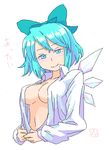  blue_eyes blue_hair bow breasts cirno cleavage hair_bow medium_breasts navel nipples no_bra oekaki older open_clothes open_shirt roku_(warrock) shirt simple_background solo touhou upper_body wings 