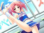  1girl armpits arms_up blush boku_to_gonee_to_umi_no_year cheerleader dutch_angle footwear game_cg midriff nanami_mei no_panties pussy red_hair short_hair skirt socks solo tomose_shunsaku twintails uncensored 