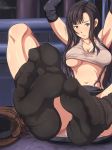  1girl black_hair black_legwear blush boots breasts cleavage feet final_fantasy final_fantasy_vii highres long_hair looking_at_viewer maku_(l-u) panties pantyshot parted_lips pov pov_feet shoes_removed socks soles steam suspenders sweat tifa_lockhart underwear 