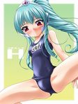  blush drill_hair galaxy_angel green_hair headgear non-web_source one-piece_swimsuit ponytail red_eyes school_swimsuit solo spread_legs swimsuit thighs vanilla_h 