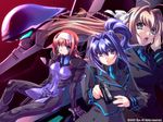  blue_hair bodysuit hayase_mitsuki highres muvluv orange_hair pilot_suit pink_hair ponytail short_hair source_request suzumiya_akane suzumiya_haruka uniform 