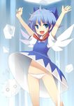  blue_eyes blue_hair blush cirno doriruman dress dress_lift legs panties pantyshot short_hair solo touhou underwear white_panties wind wind_lift wings 