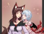  ! 2girls animal_ear_fluff animal_ears artist_request bat_wings border breasts brooch brown_hair food food_in_mouth grey_border hand_on_another&#039;s_shoulder heart height_difference imaizumi_kagerou jewelry long_hair looking_at_another multiple_girls pocky pocky_kiss red_eyes shared_food sharing_food short_hair spoken_heart tail touhou white_hair wings wolf_ears wolf_tail 