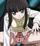  aran_sweater black_hair gad_guard green_eyes haruyama_kazunori long_hair no_panties plaid plaid_skirt pubic_hair shinozuka_arashi skirt solo squatting sweater sweater_vest 