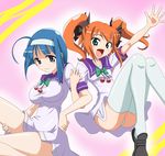  ahoge blue_hair breasts brown_hair cleavage green_eyes kaitou_tenshi_twin_angel kannazuki_aoi minazuki_haruka_(twin_angel) multiple_girls non_(number) panties purple_eyes small_breasts thighhighs twin_angel twintails underwear upskirt 