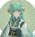  1girl bangs bikini blush bow dragon_girl dragon_horns eyebrows_visible_through_hair fate/grand_order fate_(series) gold green_hair hair_ornament highres horns japanese_clothes kiyohime_(fate/grand_order) long_hair long_sleeves looking_at_viewer obi rubellent sash smile solo swimsuit very_long_hair wide_sleeves yellow_bikini yellow_bow yellow_eyes 