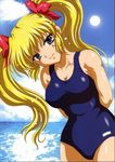  artist_request beach blonde_hair blue_eyes breasts covered_nipples daikuuji_ayu day hair_ribbon jpeg_artifacts kimi_ga_nozomu_eien large_breasts one-piece_swimsuit ribbon school_swimsuit solo sun swimsuit twintails 