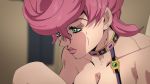  1girl animated animated_gif breasts choker cleavage close-up green_eyes jojo_no_kimyou_na_bouken pink_hair screencap strap trish_una wardrobe_malfunction 