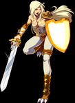  amazon armor blonde_hair blue_eyes bracer breasts claws helene kongai large_breasts long_hair muscle open_mouth shield simple_background solo sword thighhighs weapon 