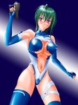  ahoge alpha_myu armpits asymmetrical_legwear bangs bare_shoulders blue_background blue_gloves blue_legwear blue_leotard blush breasts covered_navel covered_nipples cowboy_shot elbow_gloves facial_mark fingerless_gloves frown gloves gradient gradient_background green_hair gun hair_between_eyes halterneck hand_up handgun highleg highleg_leotard hips holding holding_weapon kannagi_itsuki large_breasts legs_apart leotard looking_to_the_side outstretched_arm pilot_suit purple_eyes serious short_hair solo sora_wo_kakeru_shoujo standing thigh_strap thighhighs trigger_discipline turtleneck weapon 