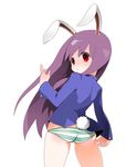  anhiru animal_ears bad_id bad_pixiv_id blazer bunny_ears bunny_tail highres jacket long_hair looking_back no_pants panties red_eyes reisen_udongein_inaba solo striped striped_panties tail touhou underwear 