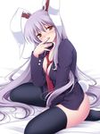  :p animal_ears bad_id bad_pixiv_id black_legwear blazer blush breasts bunny_ears bunny_tail cleavage highres jacket large_breasts long_hair meso_(gjmeso) moon necktie purple_hair red_eyes red_neckwear reisen_udongein_inaba sitting solo tail thighhighs tongue tongue_out touhou very_long_hair 
