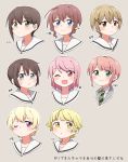  6+girls ;d alternate_hair_length alternate_hairstyle bang_dream! black_hair blonde_hair blue_eyes blush brown_eyes brown_hair character_name green_eyes green_neckwear grey_background gyaheung hair_ornament hairclip hanazono_tae haneoka_school_uniform hashtag highres ichigaya_arisa light_brown_hair maruyama_aya multiple_girls necktie okusawa_misaki one_eye_closed open_mouth outline pink_eyes purple_hair sailor_collar school_uniform shirasagi_chisato short_hair sidelocks simple_background smile sweatdrop translation_request tsurumaki_kokoro uehara_himari white_outline x_hair_ornament yamabuki_saaya yellow_eyes 