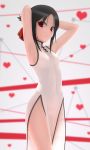  1girl alternate_costume armpits arms_up bangs black_hair breasts china_dress chinese_clothes covered_navel dress folded_ponytail hair_ribbon heart highres kaguya-sama_wa_kokurasetai_~tensai-tachi_no_renai_zunousen~ looking_at_viewer no_panties open_mouth parted_bangs red_eyes red_ribbon ribbon see-through shinomiya_kaguya side_slit sidelocks siraha sleeveless sleeveless_dress small_breasts solo standing white_dress 